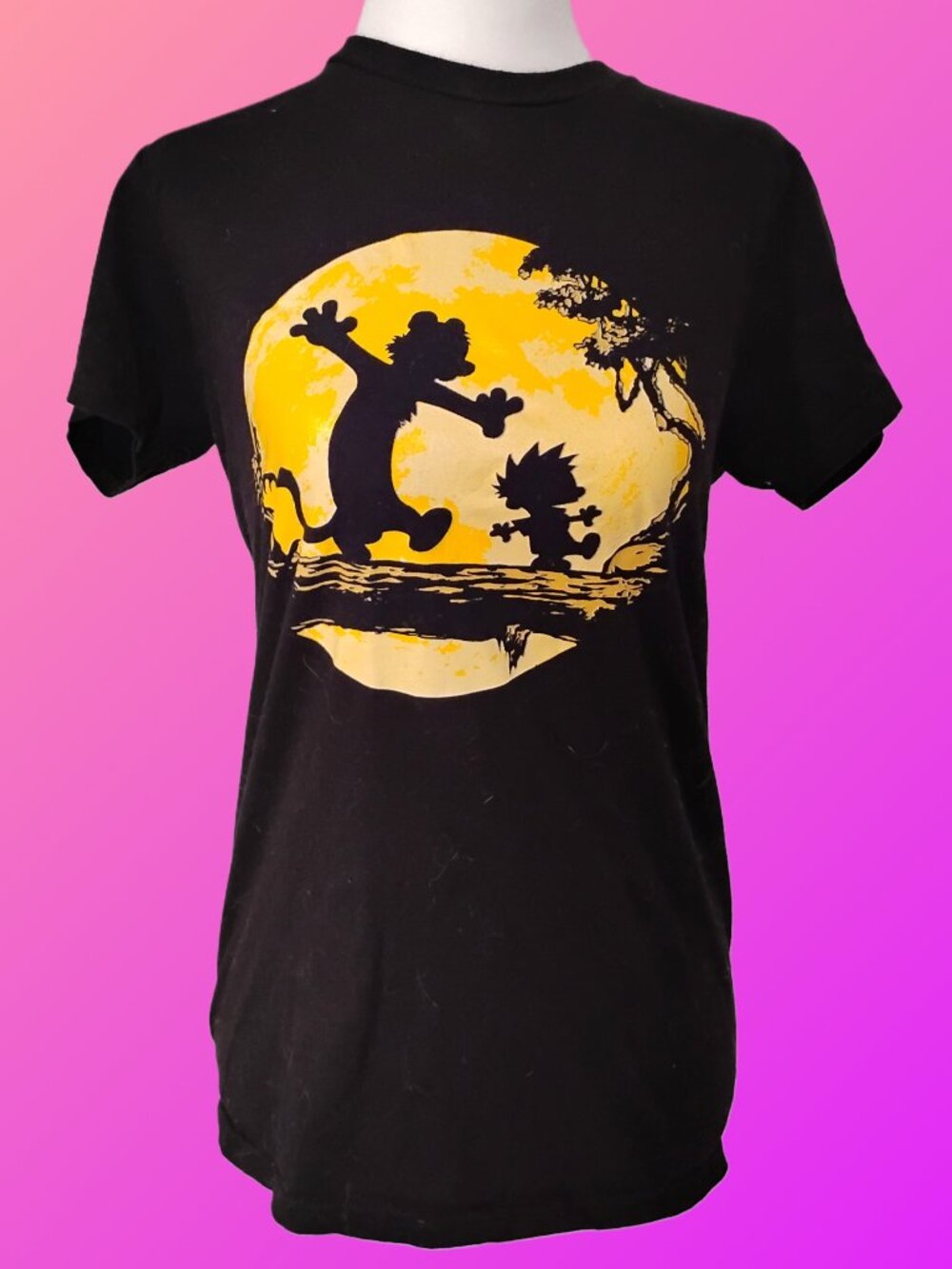 Women's Calvin & Hobbes Black T Shirt Glow in the Dark Graphic Design